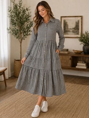 Black White Gingham Tiered Shirt Dress Women Medium Button Front Long Sleeve
